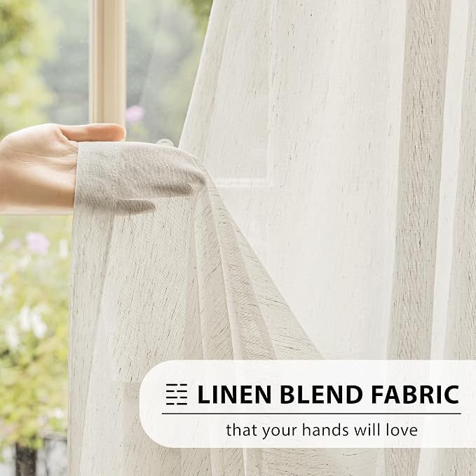 FMFUNCTEX Beige Linen Sheer Curtains, 63 Inches, 2 Panels for Bedroom | Natural Semi Sheer Drapes, Flax Linen, Rod Pocket, Light Filtering, Farmhouse French, Kitchen, Privacy, for Living Room