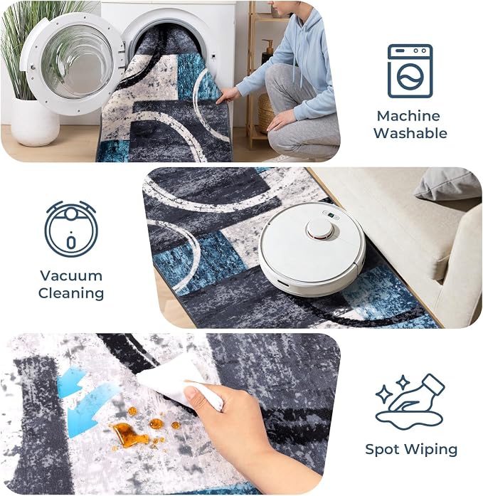 Yamaziot 2x6 Washable Modern Abstract Runner Rug Non-Slip for Hallways | Stain Resistant Kitchen Rug with Rubber Backing, Low Pile, Ultra Soft Carpet Runner for Bedroom, Laundry, Entryway, Blue