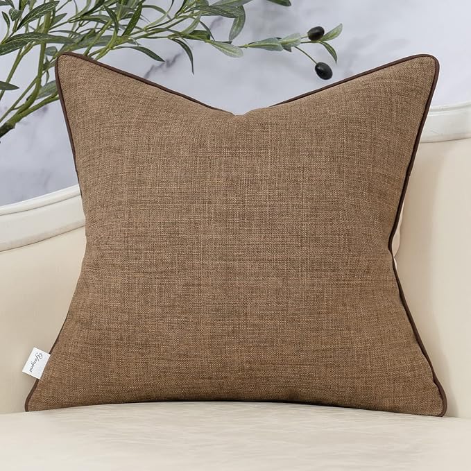 Yangest Patchwork Pillow Cover 18x18 Inch Luxury Cotton and Linen Cushion Cover Faux Leather Pillowcover for Couch Bedroom Living Room, Brown