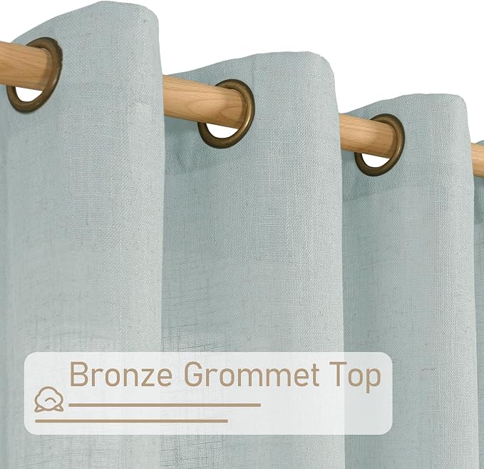 Short Linen Curtains 30 Inch Length for Small Windows 2 Panels | Greyish Blue, Semi Sheer Light Filtering Panels, Cafe, Curtains for Half Windows, Bronze Grommet Drapes, 34 x 30 Inch