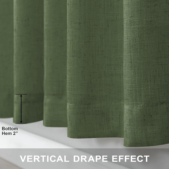 Pitalk Olive Green Curtains 63 Inch Length for Living Room 2 Panels Set Back Tab Rod Pocket Pleated Look Semi Sheer Linen Green Curtains for Bedroom Boho Decoration 52x63 in Long