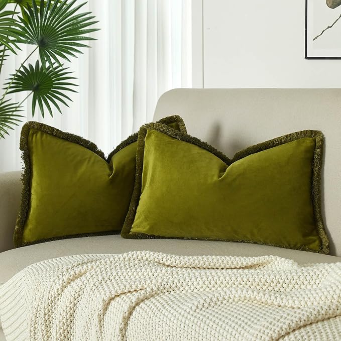 JUSPURBET Olive Green Decorative Lumbar Velvet Fringe Throw Pillow Covers 12x20 Set of 2 Boho Soft Cushion Case for Home Decor Living Room Couch Sofa Bed