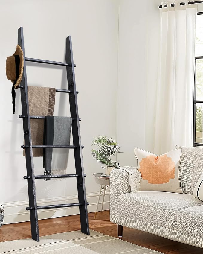 TEAKMAMA 6-Tier 5.4ft Blanket Ladder with Hanging Knobs Black | Farmhouse Wall Leaning Solid Wood Scratch & Slip Proof Quilt Rack, Living Room Bedroom Bathroom, Xmas Deco, Easy Setup