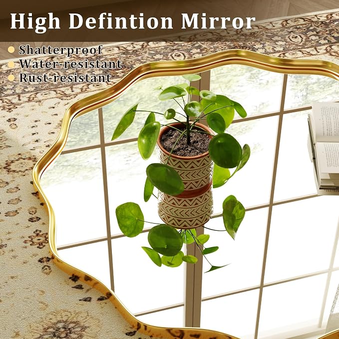 20" Decorative Scalloped Round Wall Mirror, Wavy Metal Deep Frame, Gold | Circle Mirror Wall Mounted for Bathroom, Bedroom, Entryway, Living Room