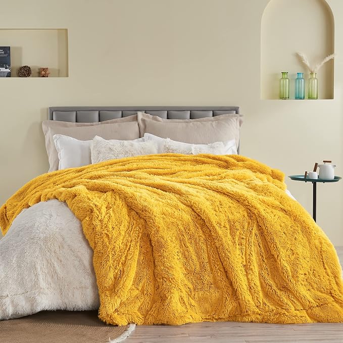 GONAAP Fuzzy Faux Fur Queen Blanket for Couch, Mustard Yellow, 90"x90" | Warm Cozy Plush Shaggy Decorative Reversible Thick Non-Heated Fleece Blanket for Sofa Bed, Gift for Women Men, All Season Use