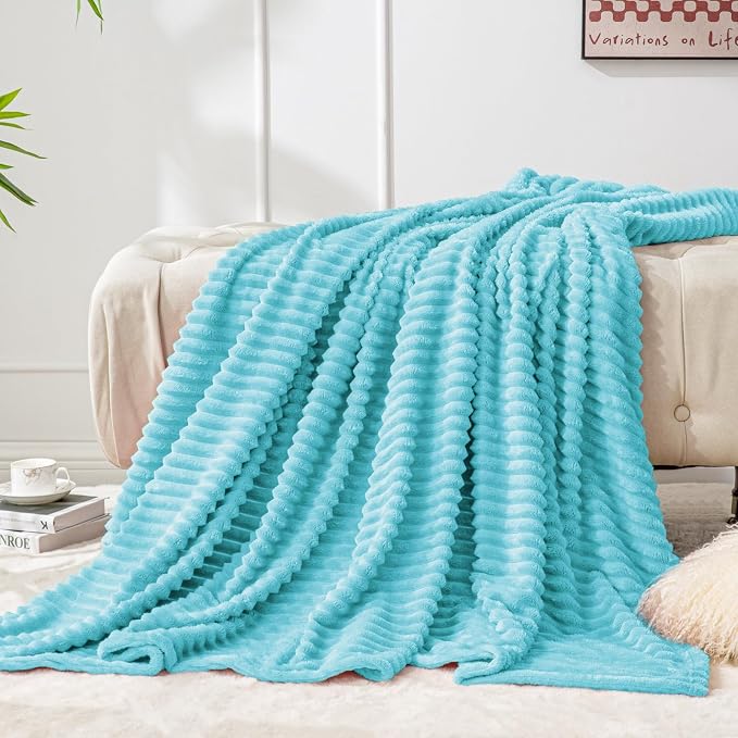 BEDELITE Ribbed Jacquard Light Blue Fleece Twin Blanket for Bed, 60x80 Inch | Soft Warm Decorative Fluffy Blanket, Cozy Plush Lightweight Fuzzy Throw Blanket for Couch Sofa Room Decor, Gift for Women