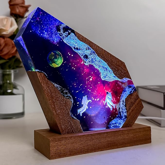 Handmade Galaxy Resin Lamp, 3D Cosmic Universe Lamp with Wooden Base