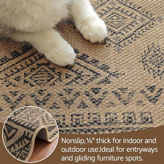 jinchan 2x3 Faux Jute Area Rug Washable Boho Entryway Rug, Natural Charcoal | Southwestern Geometric, Non-Slip, Low Pile, Indoor Outdoor, High-Traffic, Kitchen, Bathroom, Laundry Room, Porch, Balcony
