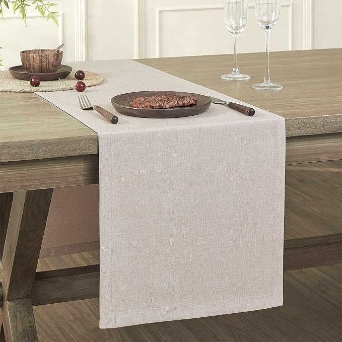 ZeeMart Basic Linen Style Table Runner, 14x48 Inch Light Tan | Mitered Corner Design, Medium Weight Fabric, Rustic Farmhouse Style, Machine Washable Easy Care Everyday Table Scarf