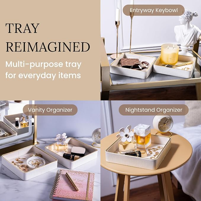 2 Pack White Catch All Trays for Jewelry| Small Leather Valet Tray| Key Bowl for Entryway Table EDC Trinket Tray CatchAll| Perfume Trays for Dresser Organizer Perfume Holder (Set of 2)