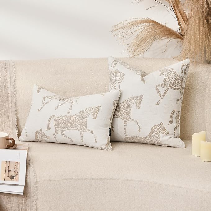 Equestrian Style Throw Pillow Cushion Cover 22x22 inch, Double Sided Beige Horse Pattern Chenille Jacquard Embroidered Pillow Covers for Sofa Couch Bed Living Room Bedroom