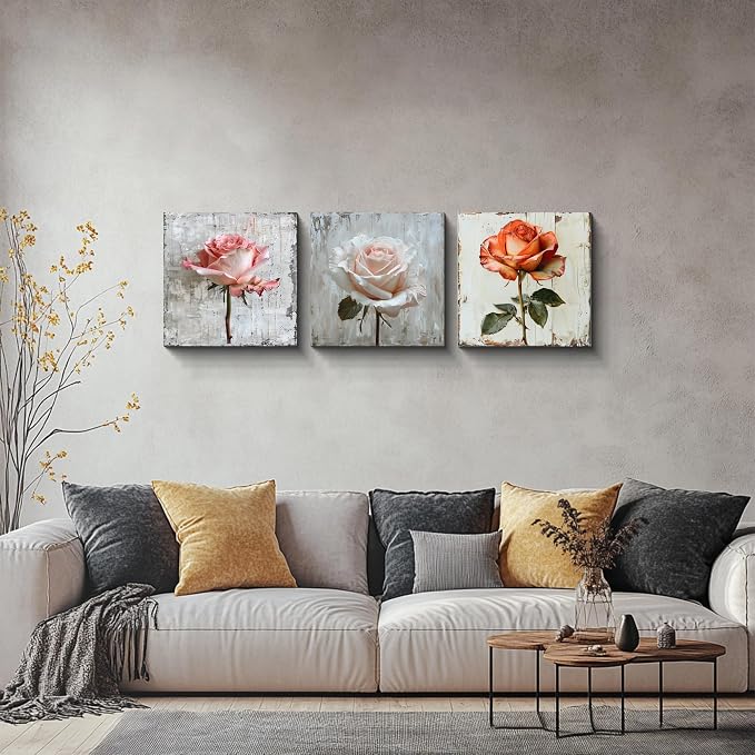 NAN Wind 3 Panel Rose Canvas Art with Distressed Wood Frame Vintage Botanical Wall Art for Farmhouse Decor Pink Orange Rose Gallery Wall Set Ready to Hang Floral Prints for Living Room Bedroom Kitchen