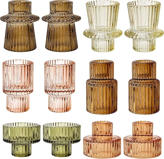 Brown Candlestick Holders 12PCS Ribbed Glass Taper Candle Holders Set for Tealight Candlestick Candles, Table Centerpieces for Thanksgiving Christmas Farmhouse Decor Indoor and Outdoor