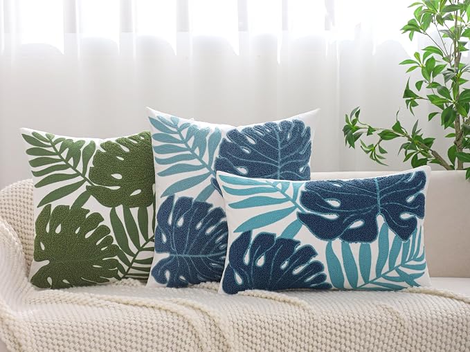 Embroidered Throw Pillow Covers 12x20 Pack of 2 Blue Botanical Leaf