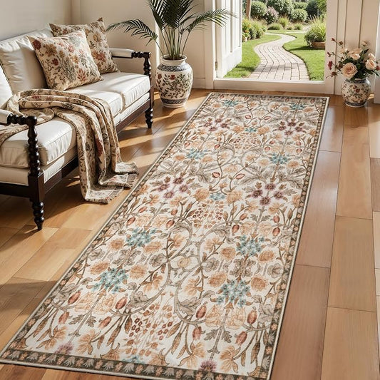 Ciicool 2x6 Runner Rug Non Slip，Floral Washable Kitchen Rugs for Hallways | Entryway Rug for Laundry Bedroom Bathroom Bedside,Boho Soft Low Pile Carpet Indoor Floor Mat Decor
