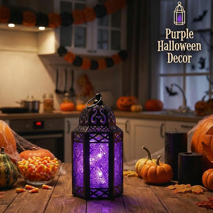 Vela Lanterns Decorative Indoor Moroccan Candle Holder Lamp, Purple, S | Gothic Home Decor, Whimsigoth Iron Goth Lamp, Hanging Witch Bedroom, Halloween Centerpiece, 8.5" Tall