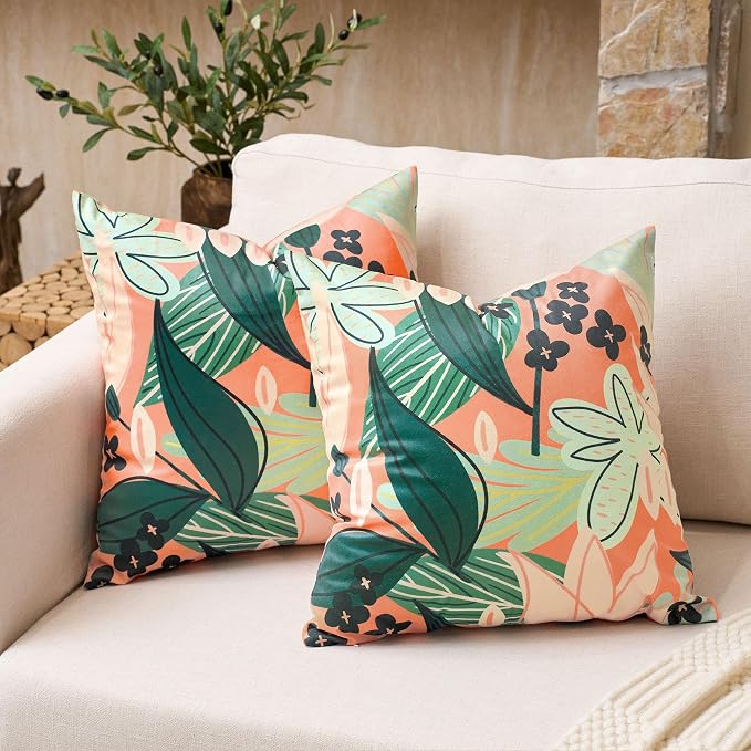Tyrot Boho Floral Velvet Throw Pillow Covers 16x16 Inch Set of 2 Farmhouse Cushion Covers Mid Century Modern Botanical Home Decor Accent Pillow Cases for Couch Bed Sofa Living Room, Bedroom, Coral