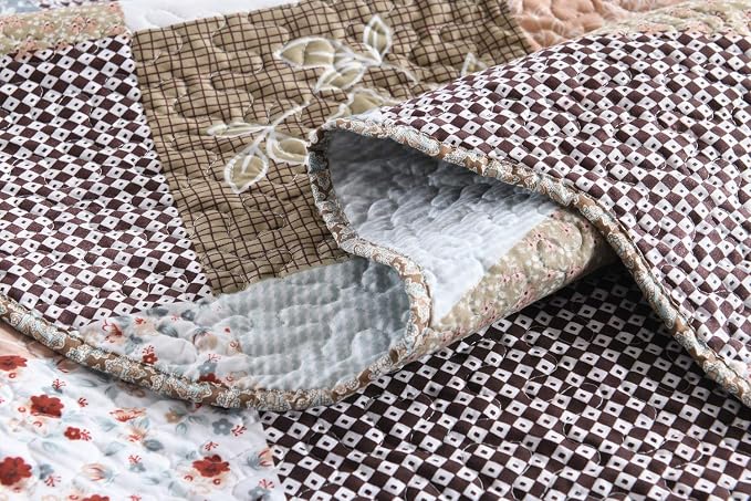 Travan 3-Piece King Quilt Set Quilted Bedspread Lightweight Reversible Coverlet Set Floral Printed Quilted Bedding Set with Shams for All Season, Brown Floral, King Size