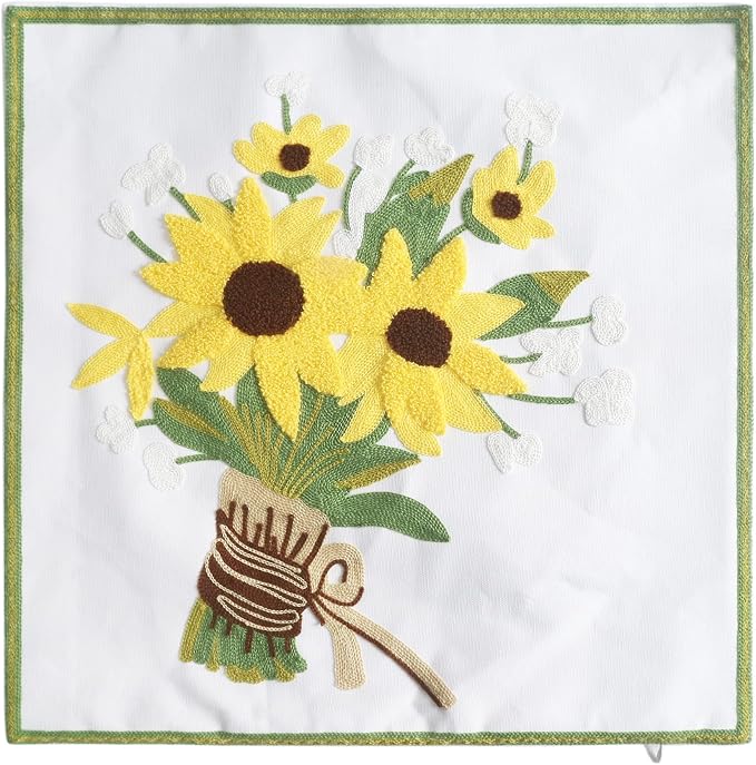 Embroidery Throw Pillow Covers Yellow Floral 18x18 Inch Decorative Cushion Case Tied Sunflowers 100% Cotton Home Decor Embroidered 45x45cm, 1 Piece