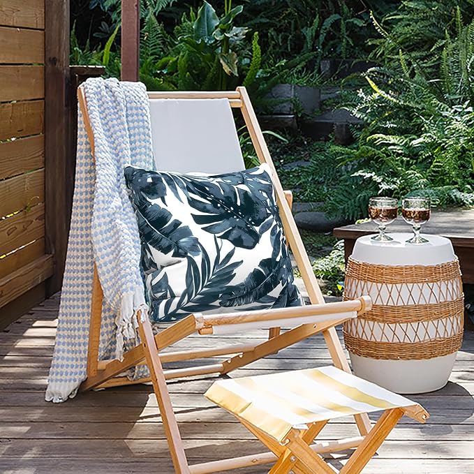 Outdoor Pillow Covers for Patio Furniture 20x20 Inch, Decorative Patio Throw Pillow Covers Set of 2, Modern Square Cushion Cases for Porch Garden Home Office, Palm Blue