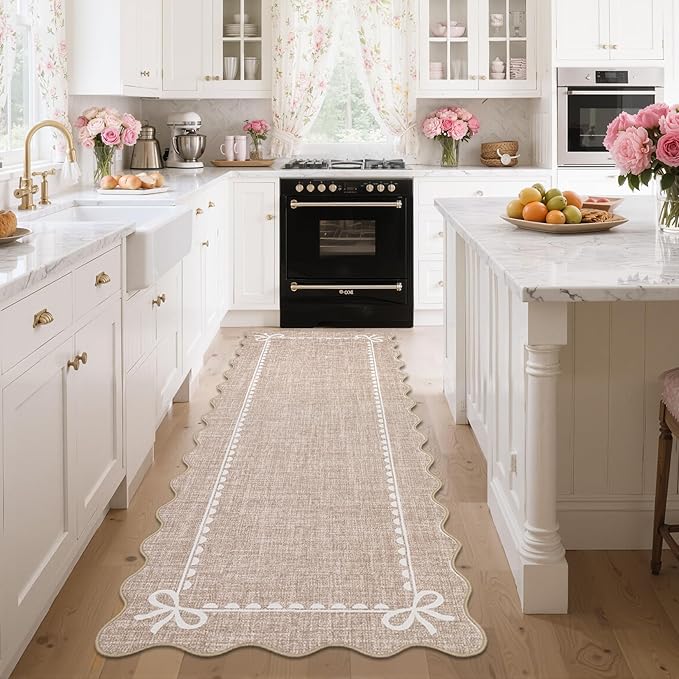 COZYLOOM Scalloped Entryway Rugs Indoor 2x6 Washable Runner Rug with Rubber Backing, Non Shedding Stain Resistant Bow Printed Rug, Low Pile Soft Solid Carpet for Kitchen, Bathroom, Bedroom, Camel