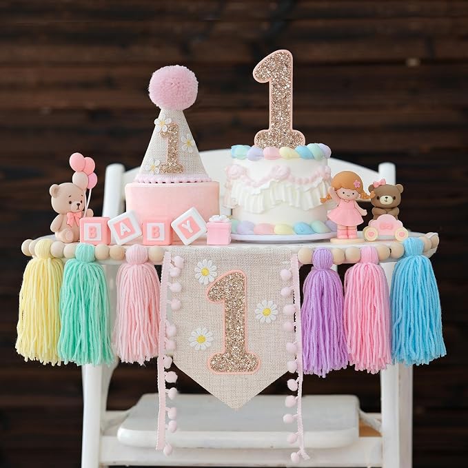 JUIIZAY Pastel First Birthday Decorations for Girl 1st High Chair Banner