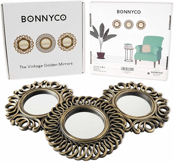 BONNYCO Wall Mirrors Pack of 3, Round Gold Mirrors for Home Decor Bedroom and Living Room. Espejos Decorativos de Pared Sala Dormitorio, Circle Wall Decor Minimalist Vintage Chic. Gifts for Women Mums | Pack of 3 Round Mirrors Ideal for Living Room, Ho...