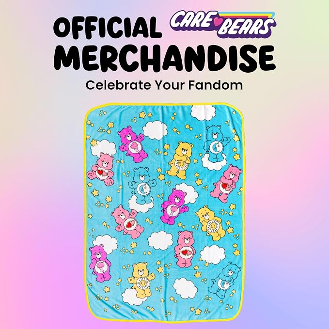 Silver Buffalo Care Bears, Fleece Throw Blanket, 45x60in | Share, Funshine, Bedtime, Love-A-Lot Bear, Soft and Cozy, 180 GSM