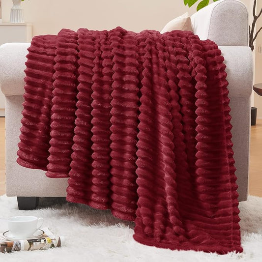BEDELITE 3D Ribbed Burgundy Fleece Throw Blanket for Couch, 50x60 Inch | Soft Warm Decorative Fluffy Blanket, Cozy Plush Lightweight Fuzzy Throw Blanket for Bed Sofa Home Room Decor, Gift for Women
