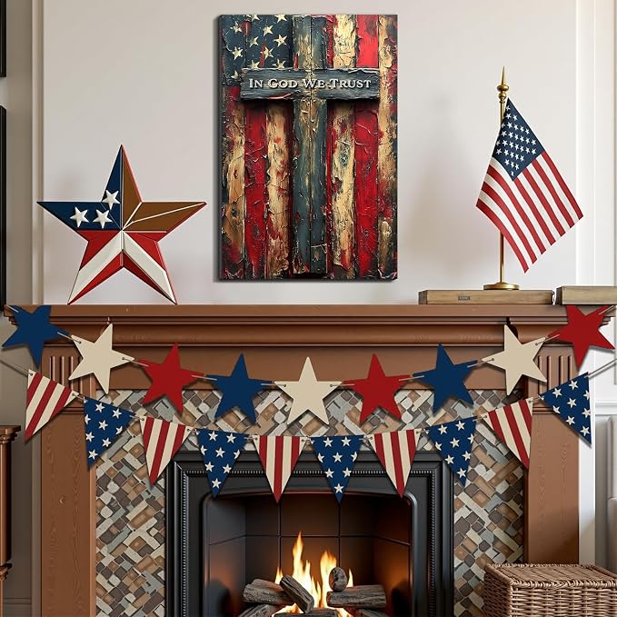 Framed Vintage Cross American Flag Wall Art, Patriotic Rustic Canvas Art Pictures, USA Flag Wall Decor, Made in USA Ready to Hang for Living Room Garage