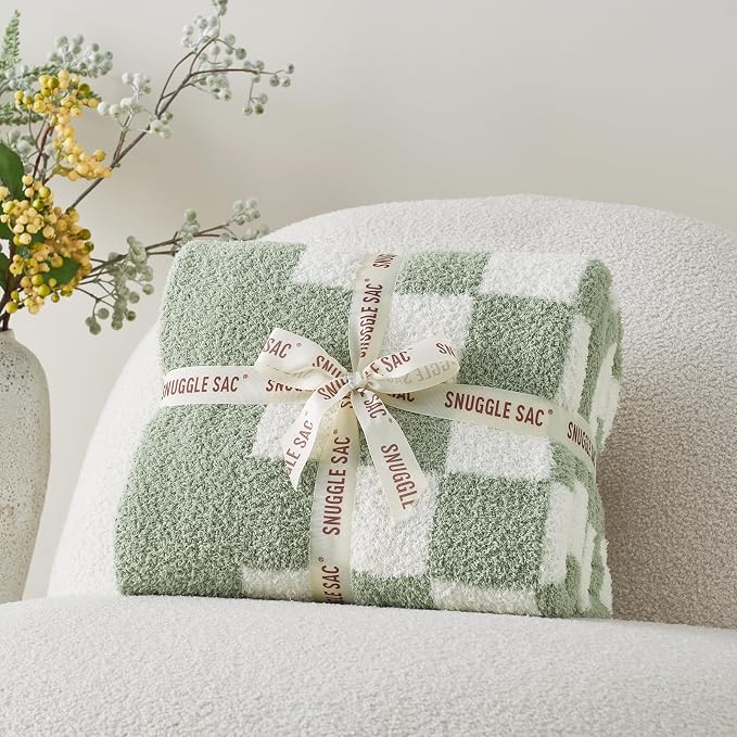 Snuggle Sac Checkered Throw Blanket for Couch, Super Soft, Cozy Warm Knit Blankets, Reversible Plaid Fluffy Throws for Sofa, Bed, Checkered Sage Green, 50x60 Inches