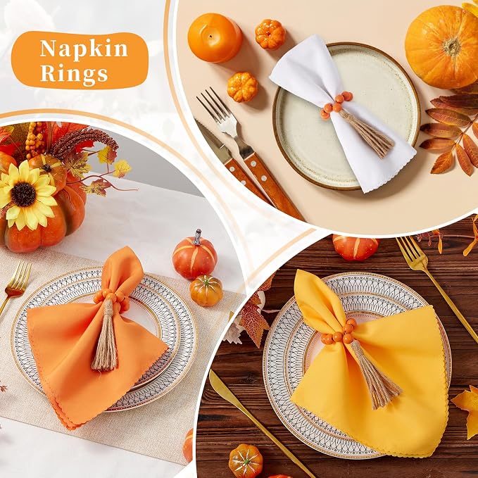 APTWOW Napkin Rings Set of 12, Wood Bead Napkin Rings for Fall Table Decor | Wooden, Orange, Fall Thanksgiving Napkins Rings, Easter Farmhouse Banquet,Wedding, Holiday Dinner Party, Christmas