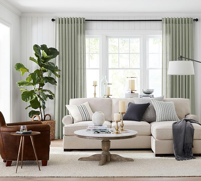 Jowels Sage Green Linen Curtains 63 Inch Long 2 Panels for Living Room | Light Filtering Semi Sheer Curtain, Back Tab Pocket Pleated Look, Boho Farmhouse Textured Privacy Drapes for Bedroom Window
