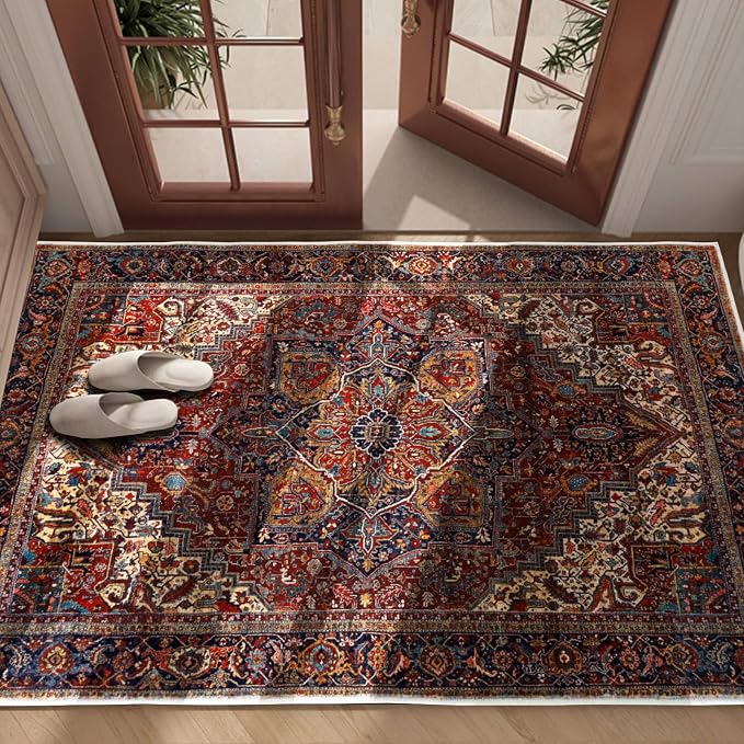 Red 3x5 Entryway Rug, Non Slip Indoor 3x5 Washable Rug | Soft faux wool, machine washable & stain resistant. Non-slip rubber backing, low pile. For entryway, kitchen, hallway.