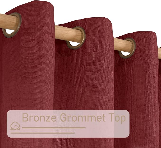Burgundy Red Linen Curtains 40 Inches Long for Kitchen 2 Panels | Semi Sheer Light Filtering Panels, Christmas Decor, Drapes for Small Windows, Bathroom, Bronze Grommet, 34 x 40 Inch