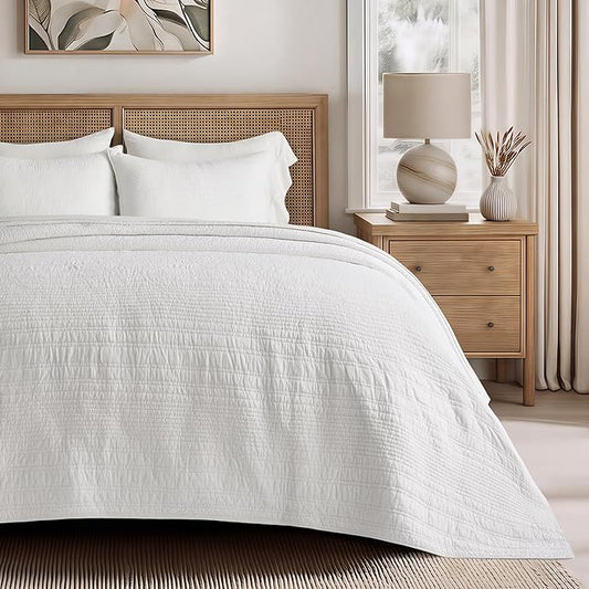EVERGRACEHOME 100% Cotton Quilt Set Oversized Cal King, Bright White | Pre-Washed Soft Cotton, Striped Coverlet Bedspread, 3 Piece Lightweight Bedding Set for All Season, with 2 Pillow Shams