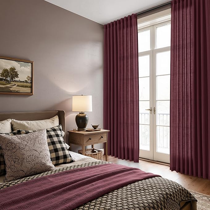 Extra Long Linen Curtains 108 Inches for Living Room Back Tab Semi Sheer High Floor to Ceiling 9ft Light Filtering Curtain Boho Farmhouse Decor Window Drapes for Bedroom 2 Panels Burgundy