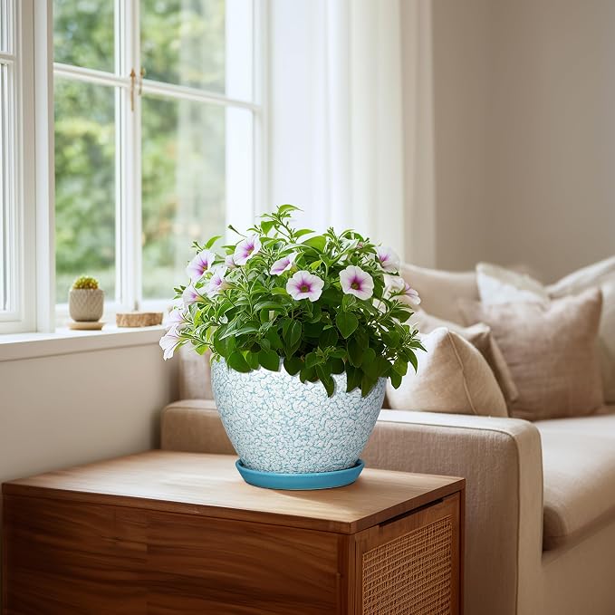 Ceramic Plant Pots, 8 Inch Indoor Plant Pots, Crackle Blue | Decorative Round Planters for Indoor Plants, Indoor Plant Pot with Drainage Hole and Tray, Home Decor, Gifts for Men Women