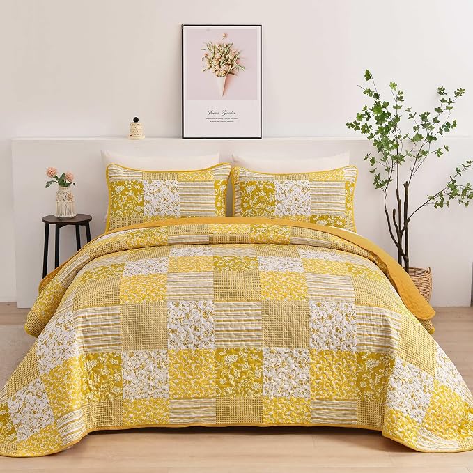 Mybedsoul Boho Quilt King Size, Patchwork Floral Bedding Set, Yellow | Soft Lightweight Microfiber Coverlet Set, 3 Pieces Plaid Reversible Bedspread, Bed Sets for All Seasons 90"x110"