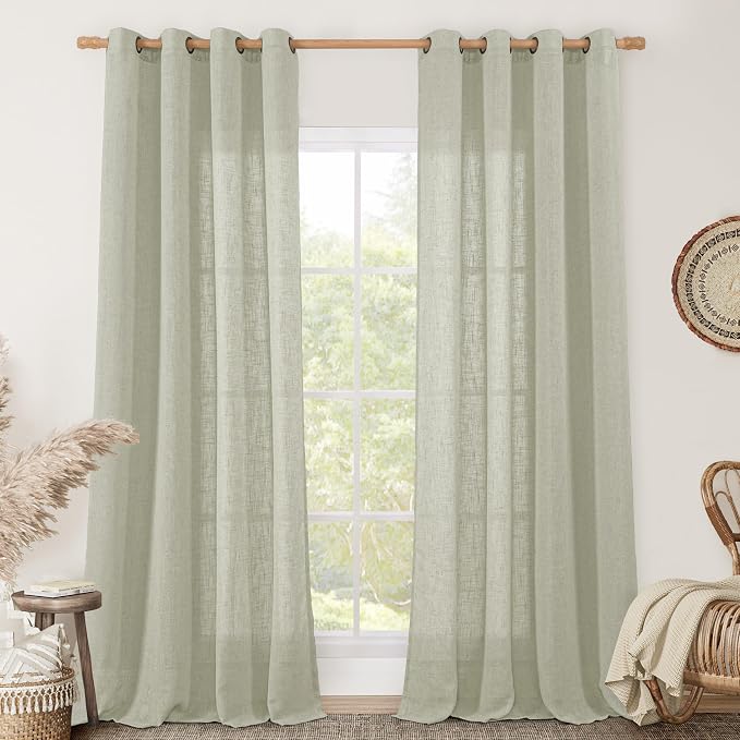 Linen Sheer Curtains for Living Room 84 Inch Length 2 Panels Set | Sage Grey, Light Filtering, Curtains for Bedroom, Neutral Rustic, Farmhouse Boho Panels, Bronze Grommet, 52 x 84 Inch