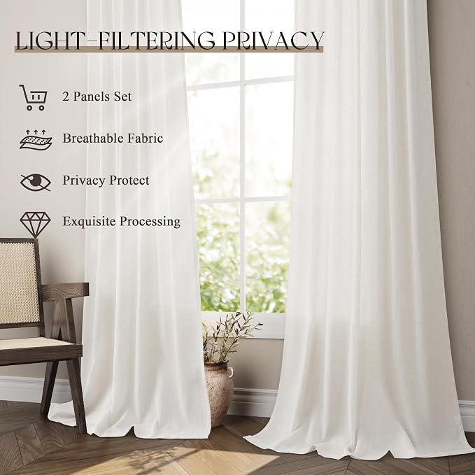 Jowels Birch Linen Curtains 84 Inch Long 2 Panels for Living Room | Natural Light Filtering Sheer Curtain,Back Tab Pocket Pleated Look,Boho Farmhouse Textured Privacy Drapes for Bedroom Window