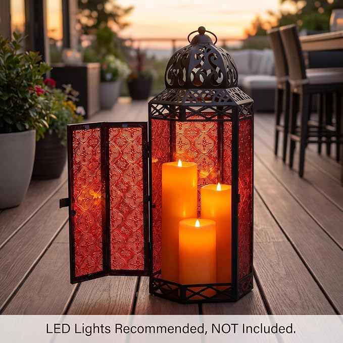 Vela Lanterns Decorative Indoor Candle Holder Table Centerpieces - Moroccan Hanging Outdoor Patio & Porch Home Decor, Turkish Floor Lamp for Wedding, Ramadan (Extra Large 16", Red Glass)
