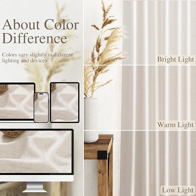 Beige Linen Curtains 90 Inches Long for Living Room Back Tab and Rod Pocket Semi Sheer Privacy Curtains Farmhouse Linen Cotton Textured Curtain for Bedroom 70x90,2 Panel