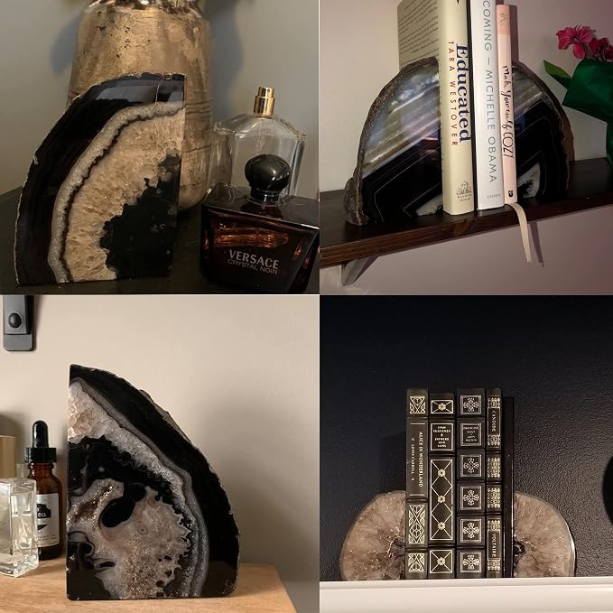 JIC Gem Black Agate Geode Bookends Heavy Duty Book Stoppers Anti-Slip6-8lbs | Brazilian large Heavy Duty Crystal Book Stoppers with Rubber Bumpers Book Supports Book Holders for Home Desktop Decor