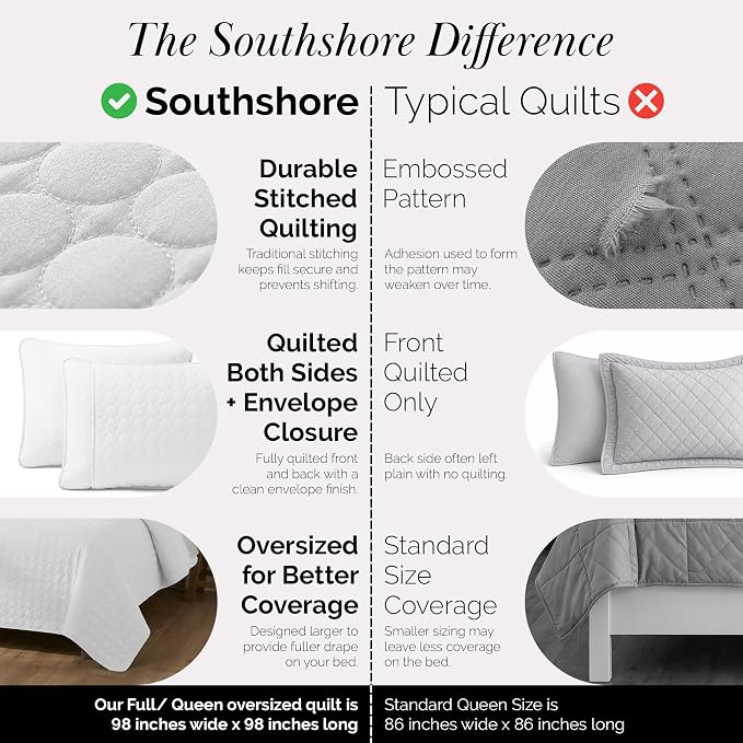 Southshore Fine Living, Inc. White Quilts Queen Size Set, Lightweight Summer Bedspread with 2 Quilted Pillow Shams, Cozy, Soft Circle-Stitch Design, Queen Size/Full Size, White