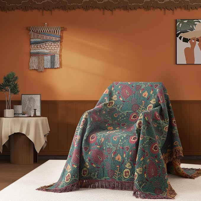 Phuryllic Boho Throw Blanket Full Size, Extra Large Soft Cozy Cotton Muslin Quilt Blanket for Bed Decor, Floral Patterned Couch Sofa Chair Cover, Vintage Farmhouse Cottage Woven Blanket, Green&Orange