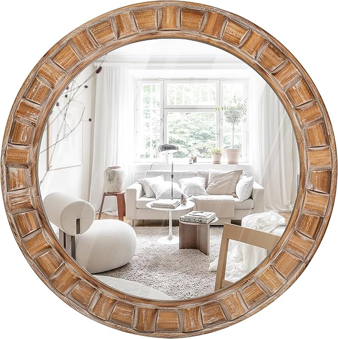 30 Inch Brown Solid Wood Round Wall Mirrors | Decorative Circle Mirror for Bathroom, Bedroom, Living Room, Hallway, Foyer, Entryway