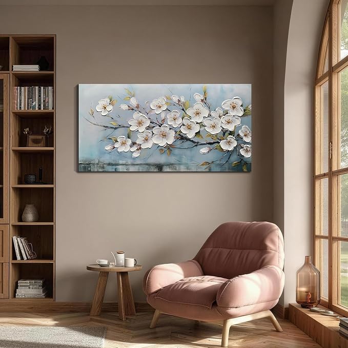 Anolyfi Cherry Blossom Flowers Textured Wall Art for Living Room 58"x29" | HD Print and Hand-painted Textured, Easy to Hang,Durable Colorfast, Large Floral Wall Art for Dining Room Office Home Decor