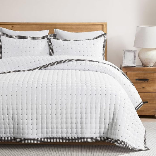 WDCOZY White Cloud Quilt Set King Size, Lightweight Soft Cross Stitch Bedspread, Farmhouse Rustic Country Coverlet, Spring Summer Thin Comforter, 3 Pieces, 2 Pillow Shams, 104x90 inches
