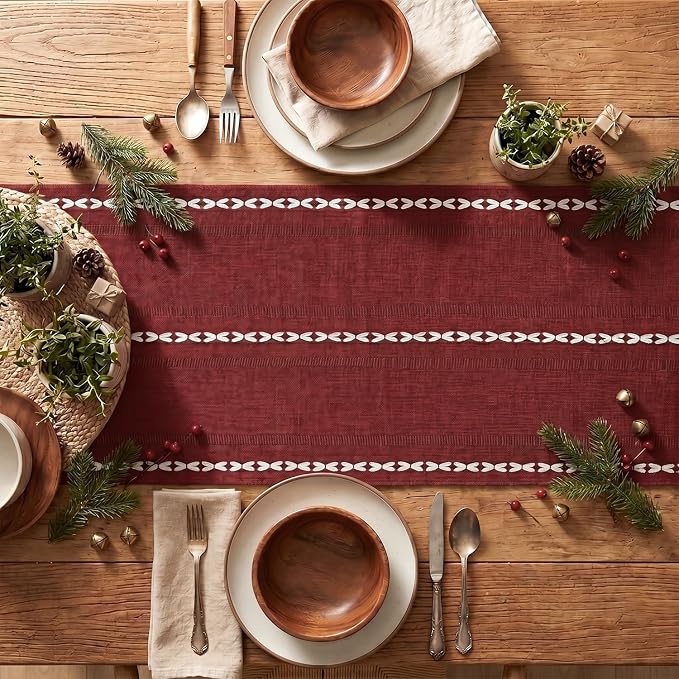 Artoid Mode Red Rustic Cotton Linen Christmas Table Runner, Seasonal Embroidered Hollow Kitchen Dining Table Decoration for Home Party Decor 13x36 Inch